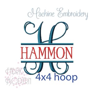 May include: A machine embroidery design featuring a large teal monogram letter H with decorative swirls. The name HAMMON is stitched in red capital letters between two horizontal teal lines. The text Machine Embroidery and 4x4 hoop are visible.