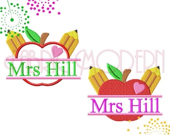 Teacher Apple Embroidery Design: Split Monogram Frame - Applique & Filled #713
