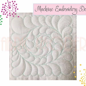 Puede incluir: Un cuadrado de tela blanca con un diseño de bordado a máquina de formas arremolinadas tipo pluma, cosidas con hilo verde claro. La tela tiene un patrón circular sutil y repetitivo. El texto "Machine Embroidery Design" es visible.