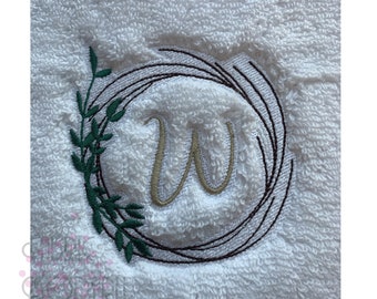 Farmhouse minimalist sticks and leaves MONOGRAM WREATH for towels, complete with alphabet  4x4 hoop #1028P-4