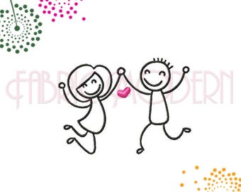 Stickfiguren Stickfiguren springen vor Freude Stickdatei Mädchen und Junge valentine Liebe glücklich fünf Größen #681