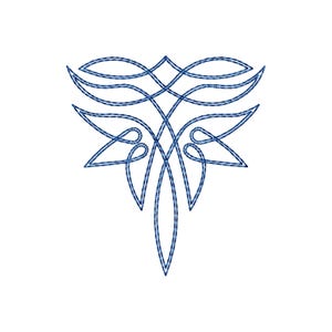 May include: A symmetrical, abstract design in shades of blue, resembling a stylized floral or ornamental motif. The design features flowing lines with a stitched appearance, set against a clean white background. The overall shape is elongated and symmetrical.
