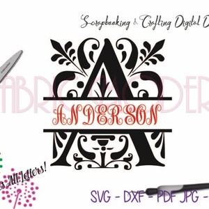 May include: Black and white monogram design featuring the letter A with decorative flourishes. The name "ANDERSON" is written in red letters below the letter A. The design includes the text "Scrapbooking & Crafting Digital Design" and "Includes All Letters!"