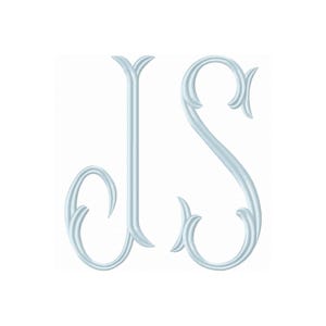 May include: Light blue monogram letters "JS" in a decorative, flowing script style. The letters have a subtle, embossed appearance with elegant curves and flourishes, ideal for personalized items.