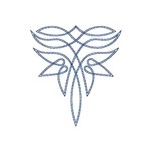 May include: A symmetrical graphic design featuring dark blue interlaced lines that form a pointed, leaf-like shape. The pattern consists of continuous, flowing curves that intersect to create a complex, decorative, and balanced geometric motif.