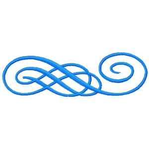 Könnte beinhalten: Eine blaue dekorative Verzierung mit einem Doppel-Schleifen-Design und einer Spirale auf der rechten Seite.