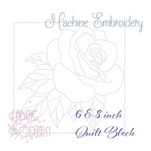 May include: Machine embroidery design of a single rose with leaves, in a 6 and 8 inch quilt block. The design is outlined in a light purple color.