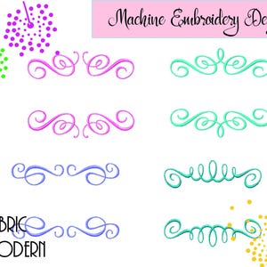 Pode incluir: Uma coleção digital de desenhos de bordado à máquina com seis volutas distintas em rosa, azul-petróleo e roxo. A imagem inclui o texto "Machine Embroidery Design" e "FABRIC MODERN" juntamente com motivos decorativos de dentes-de-leão verdes e amarelos.