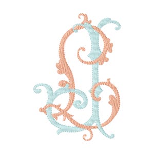 May include: An embroidered monogram letter J featuring intricate scrollwork and flourishes. The design uses a combination of light blue and peach-colored thread, creating a layered effect with the peach elements overlapping the blue letter.