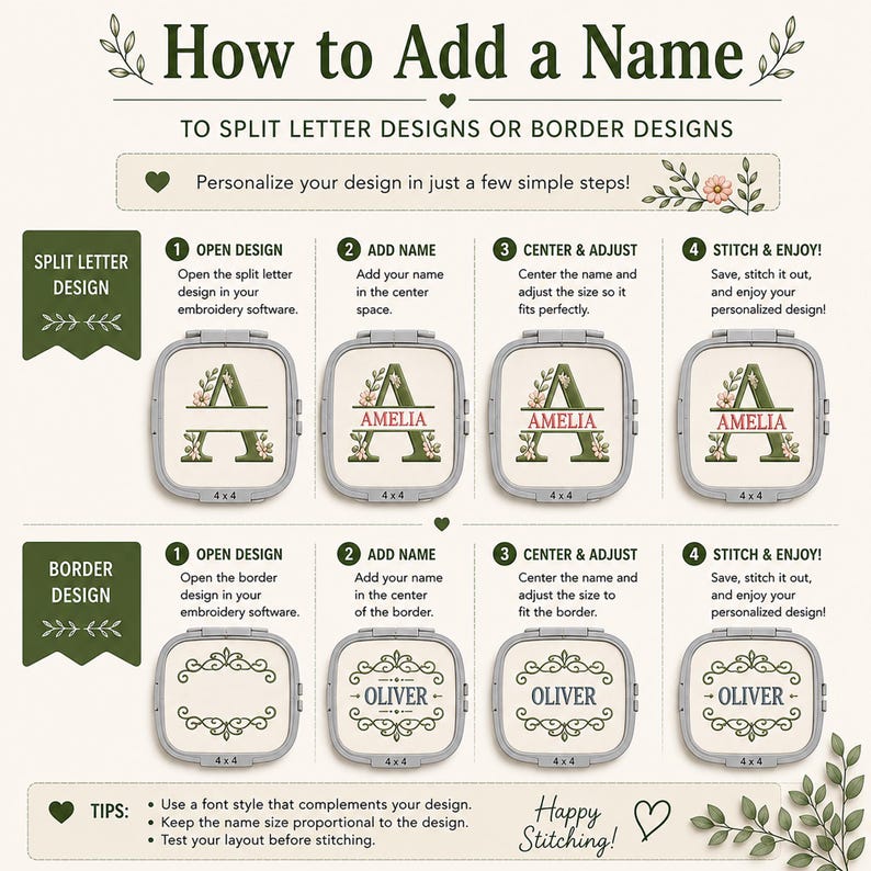 The image is a step-by-step guide on how to add a name to split letter designs or border designs. It provides instructions on how to personalize a design by adding a name to a split letter or border design. The guide includes images of different designs with names, such as "Amelia" and "Oliver", and provides tips on using a font style that complements the design and keeping the name size proportionate to the design.