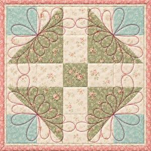 May include: A square quilt block featuring a patchwork design of floral fabric squares in shades of sage green, cream, and light blue. The surface is decorated with intricate, dark pink machine-stitched feather patterns and a pink floral border.