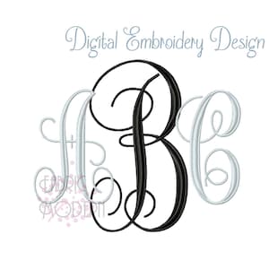 May include: A digital embroidery design featuring the letters A, B, and C in a large, ornate, cursive script font. The letter B is black and positioned in the center, while the letters A and C are light gray and overlap the letter B.