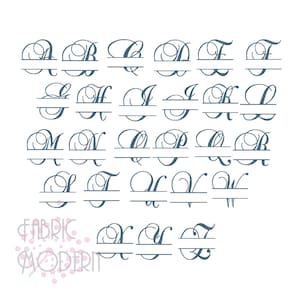 May include: A set of 26 split monogram letters in a cursive font. Each letter is a decorative design with a line through the middle for adding a name or initials.