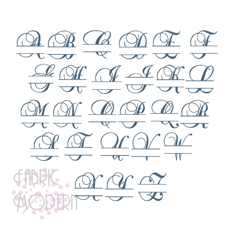 May include: A set of 26 split monogram letters in a cursive font. Each letter is a decorative design with a line through the middle for adding a name or initials.