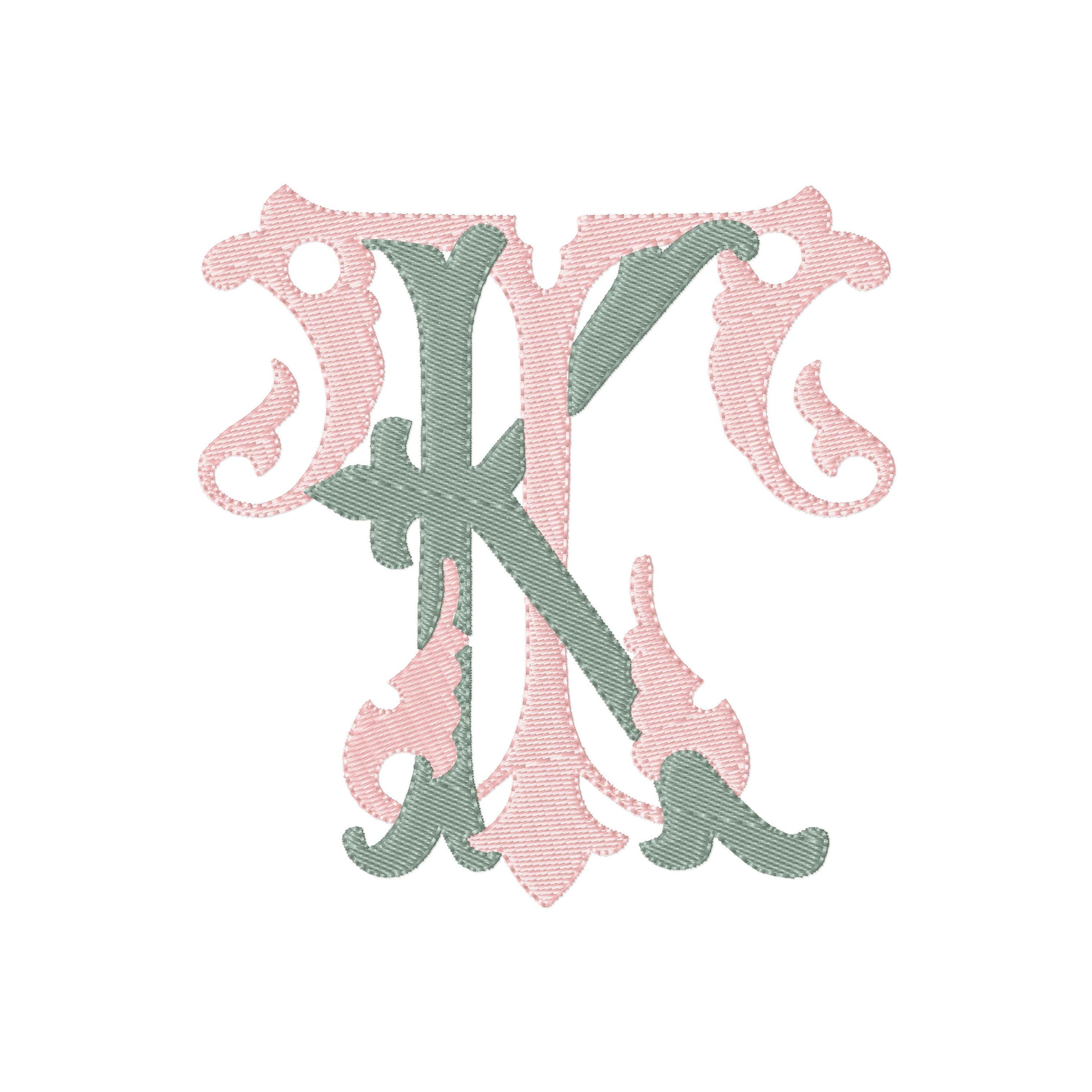 KT TK Double MONOGRAM Embroidery Design Antique Two Letter Design
