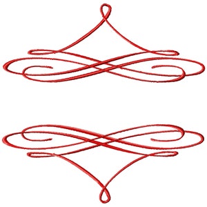 Könnte beinhalten: Zwei rote dekorative Wirbel, einer über dem anderen, mit einer Diamantform in der Mitte des unteren Wirbels.