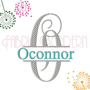 May include: Embroidered monogram with the letter "O" in a gray script font, with a horizontal bar underneath the letter. The name "Oconnor" is written in teal script font on the bar.