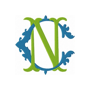 Op de afbeelding: Een geborduurd monogramontwerp met de letters N en C in elkaar verstrengeld. De letter N is uitgevoerd in fel limoengroen garen, terwijl de letter C is gestikt in diepblauw garen met decoratieve krullen en sierlijke ornamenten.