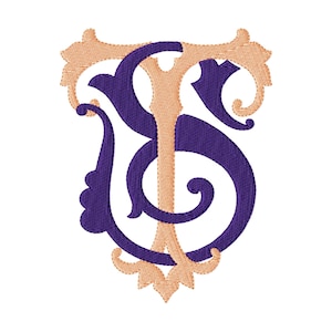 May include: An embroidered monogram featuring the letters T and S intertwined. The letter T is rendered in a light peach thread with ornate, scrolling flourishes at the top and bottom, while the letter S is stitched in a deep purple thread.