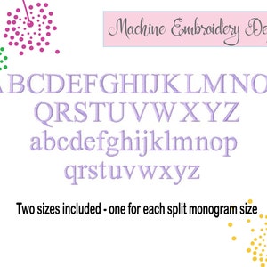 Puede incluir: Un archivo de dise&ntilde;o de bordado digital que presenta el alfabeto en letras may&uacute;sculas y min&uacute;sculas. El dise&ntilde;o incluye dos tama&ntilde;os para uso de monograma dividido. El texto "Machine Embroidery Design" est&aacute; en la parte superior de la imagen.