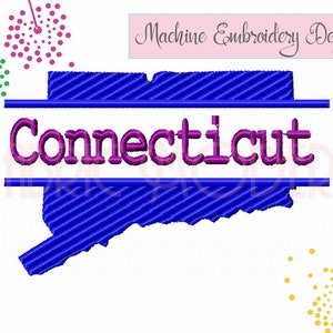 Peut inclure: Modèle de broderie machine de l'état du Connecticut avec le mot "Connecticut" en texte violet au-dessus du contour de l'état.
