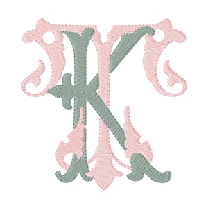 KT TK double MONOGRAM Embroidery Design Antique two letter design