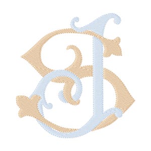May include: An embroidered monogram featuring the letters S and J intertwined. The letter S is rendered in a tan thread with a dense satin stitch texture, while the letter J is stitched in a light blue thread, overlapping the tan letter.