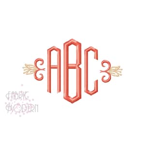 May include: A monogram featuring the letters "ABC" in a coral colour, with decorative flourishes on each side in gold.