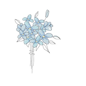 Op de afbeelding: Een boeket lichtblauwe bloemen met stengels die bij elkaar zijn gebonden. De bloemen hebben elk vijf bloemblaadjes en zijn in een tros gerangschikt.