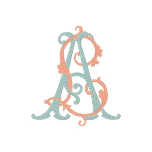 May include: An embroidered monogram featuring the letters A and S intertwined. The letter A is rendered in a light teal color with a textured stitch pattern, while the letter S is depicted in a soft peach color with decorative flourishes.