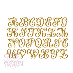 May include: A gold alphabet in a cursive font. The letters are stylized with flourishes and swirls.