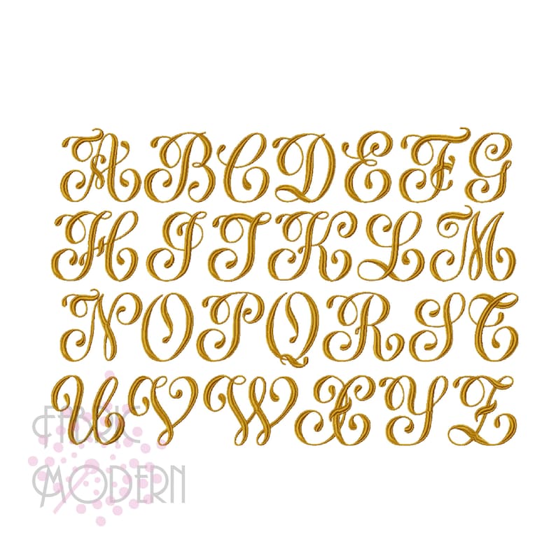 May include: A gold alphabet in a cursive font. The letters are stylized with flourishes and swirls.
