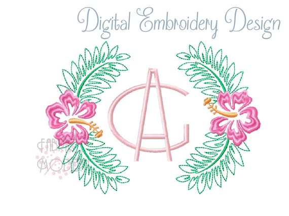 Hibiscus Flower Monogram Embroidery Design: Tropical Wreath Border (Instant Download)