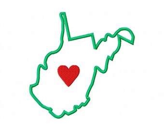 WEST VIRGINIA Map Stickerei Design Applikation 'in mehreren Größen Zustand Umriss 2 Zoll bis 7 Zoll Zustand Stickerei Herz