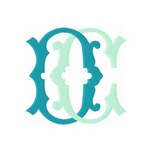 May include: An embroidered monogram design featuring two overlapping letters, a dark teal letter C and a light mint green letter C, both rendered in a decorative serif font with intricate, ornate flourishes and a visible stitched texture.