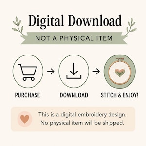The image is a digital download advertisement for a digital embroidery design, stating that no physical item will be shipped and that the purchase is the only way to download the design.