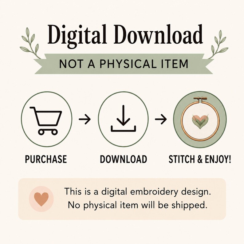 The image is a digital download advertisement for a digital embroidery design, stating that no physical item will be shipped and that the purchase is the only way to download the design.