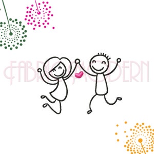 STICK FIGURES jump for joy Embroidery Design  girl and boy  valentine  love  happy  five sizes  #681