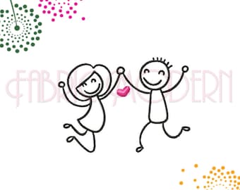 STICK FIGURES jump for joy Embroidery Design  girl and boy  valentine  love  happy  five sizes  #681