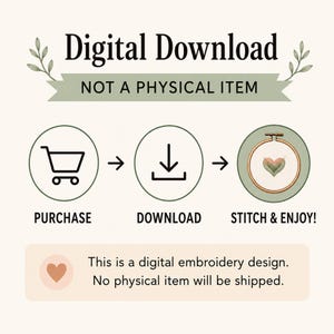 The image is a digital download advertisement for a digital embroidery design, stating that no physical item will be shipped and that the purchase is the only way to download the design.