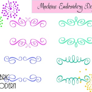 May include: Machine embroidery design with a set of six different swirl patterns in pink, blue, and green. The text "Machine Embroidery Design" is at the top of the image.