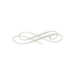 May include: A light-colored, metallic-finish decorative flourish featuring a continuous, flowing line that forms an elongated, symmetrical infinity-like shape with curved loops and a single small circular terminal point on the right side.
