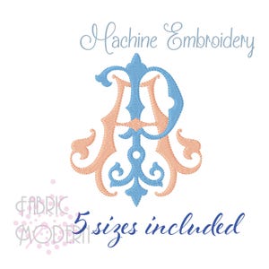 May include: A machine embroidery design featuring an ornate, intertwined monogram of the letters A and H in light blue and peach thread. The text Machine Embroidery appears at the top, and 5 sizes included is written at the bottom.