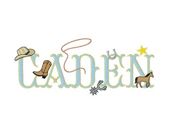 Western Embroidery Font with Cowboy Charms (2-Inch Letters, 7 Icons) #1171