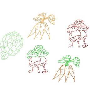 Vegetables  garden  Machine Embroidery Design   radish  carrots  artichoke  redwork stitch  two color and one color   #396