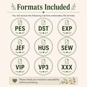 a list of machine embroidery file formats, including PES, DST, EXP, JEF, HUS, SEW, VIP, and VP3, along with a note to check machine compatibility before purchasing.
