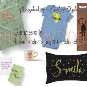 May include: A collection of digital design examples featuring various items such as a green t-shirt with the text "Merry Christmas Y'all", a blue baby onesie with the text "I'm New Here!" and a brown bag with the text "I'm a Cool Cat", a pillow with the text "Smile" in gold lettering, a green notebook with the text "Home Sweet Home", and a white mug with the text "Enjoy Every Moment" in black lettering.