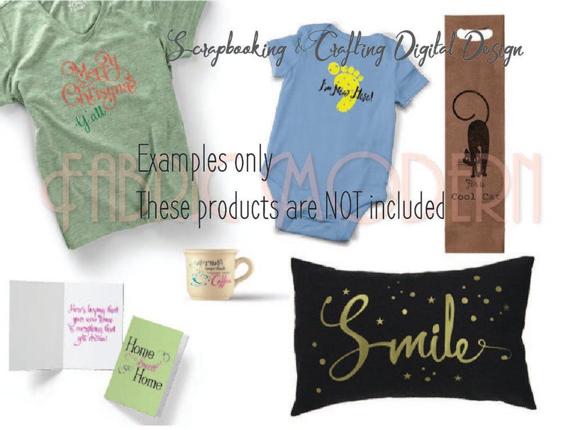 May include: A collection of digital design examples featuring various items such as a green t-shirt with the text "Merry Christmas Y'all", a blue baby onesie with the text "I'm New Here!" and a brown bag with the text "I'm a Cool Cat", a pillow with the text "Smile" in gold lettering, a green notebook with the text "Home Sweet Home", and a white mug with the text "Enjoy Every Moment" in black lettering.