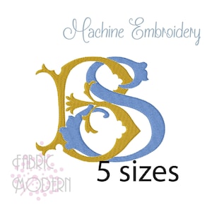May include: A machine embroidery design featuring the intertwined letters B and S in gold and light blue thread. The text Machine Embroidery appears at the top, and the text 5 sizes is at the bottom right. The logo FABRIC MODERN is at the bottom left.