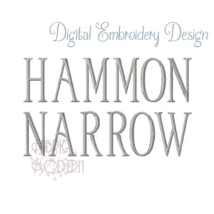 May include: A digital embroidery design featuring the text HAMMON NARROW in a grey, stitched-style font. Above the main text, the words Digital Embroidery Design appear in a light blue script. A small pink logo is visible at the bottom left.